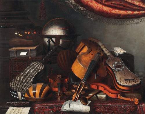 Digital Print - Still Life With Musical Instruments, Books And Playing Cards by Bartolomeo Bettera