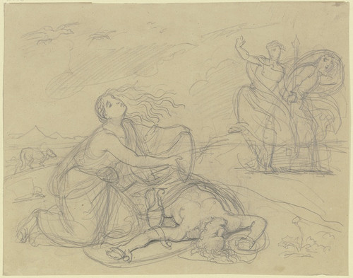 Digital Print - Klagende Frau am Leichnam eines Mannes, rechts zwei Frauen in Waffen by Victor Mller