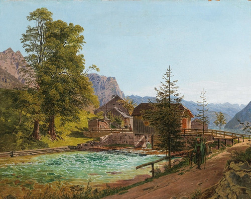 Digital Print - Wanderer in the Salzkammergut, the Grundlsee Lake Dam with the River Traun, in the Background on the Left the Backenstein by Jacob Alt