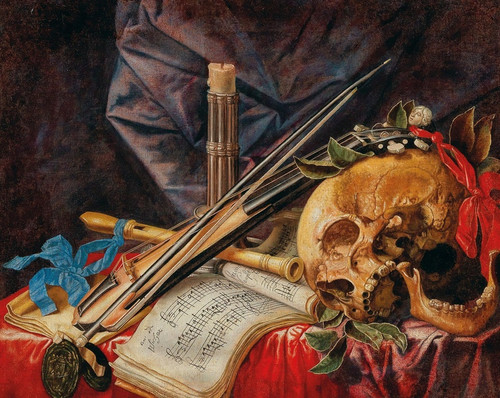 Digital Print - A Vanitas still life with a viol, a clarinet, a skull, a sheet of music and a candle by Simon Renard de Saint-Andr