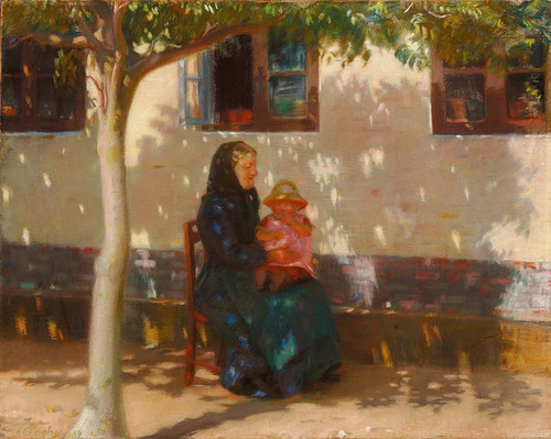 Digital Print - Skagenskone med den lille Helga Ancher p skdet i solskin foran et hvidkalket hus by Anna Ancher