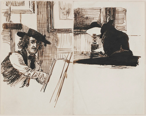 Digital Print - Whistler drawing Poynter; back view of a man seated at a table near a lighted lamp by Edward John Poynter