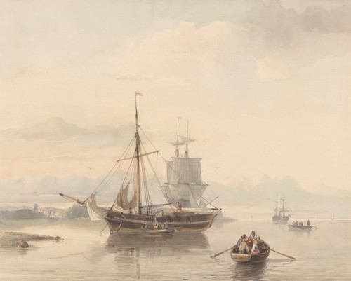 Digital Print - Rivierlandschap met sloepen en zeilschepen by Johan Adolph Rust