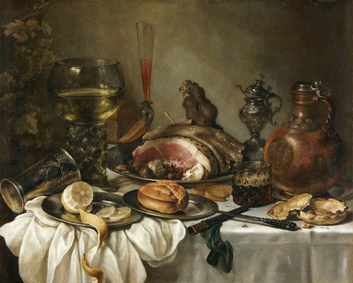 Digital Print - Still Life Of A Roemer, An Earthenware Jug, An Overturned Silver Beaker, A Ham And Other Objects Arranged Upon A Draped Table Top by Pieter Claesz