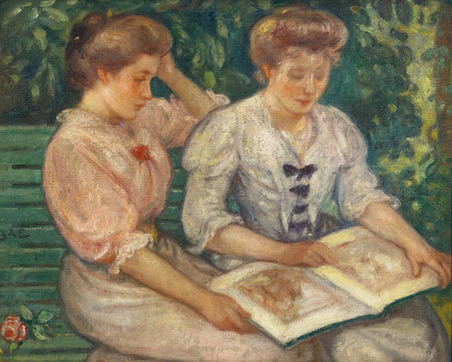 Digital Print - Blanche Viau et Alice Viau (Deux jeunes filles lisant sur un banc) by Georges d'Espagnat