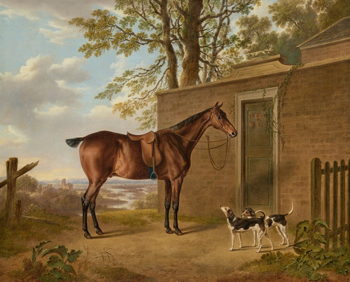 Digital Print - A saddled bay hunter with two hounds outside a stable by Charles Towne