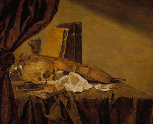 Digital Print - A vanitas still life with a skull, musical instruments, books, playing cards, an ink pot, an overturned tazza and an oil lamp on a draped table by Jacques de Claeuw