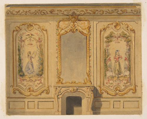 Digital Print - Elevation of an interior wall decorated with a chimney piece surmouted by a mirror and flanked with painted panels by Jules-Edmond-Charles Lachaise