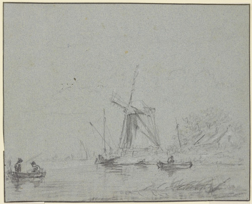 Digital Print - Windmhle am Wasser, vorne zwei Khne by Jacob van Ruisdael