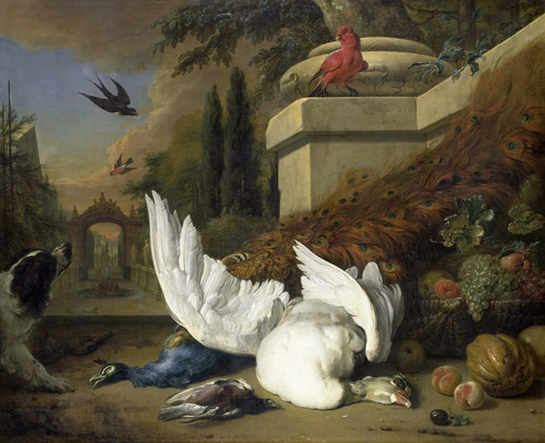 Digital Print - A Dog with a dead Goose and Peacock (A Study of Game and Fruit) by Jan Weenix