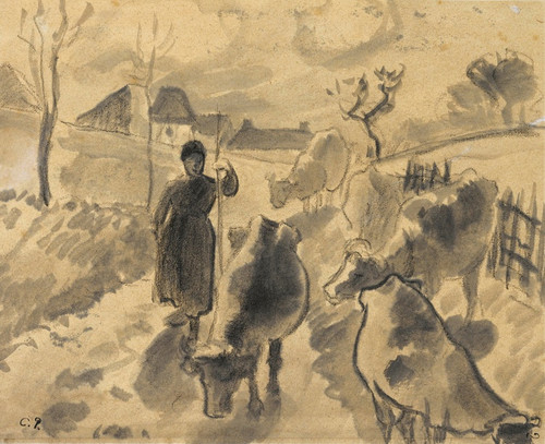 Digital Print - Girl leading a herd of cows along a road by Camille Pissarro