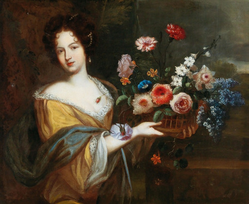 Digital Print - A Young Woman Carrying A Basket Of Flowers by Roman School