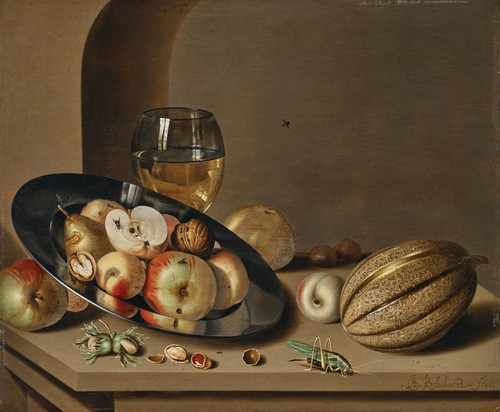 Digital Print - Apples, pears, peaches and walnuts on a pewter plate with fruit, a roemer, a melon, chestnuts and a grasshopper on a stone ledge in a niche by Ambrosius Bosschaert II