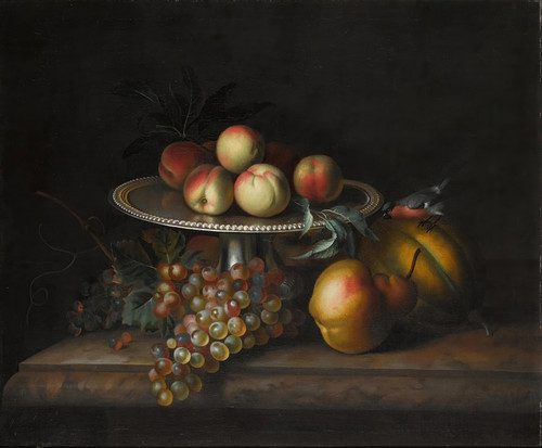 Digital Print - Peaches On A Silver Tazza With Grapes, A Pear, A Melon And A Bird On A Marble Ledge by Tobias Stranover