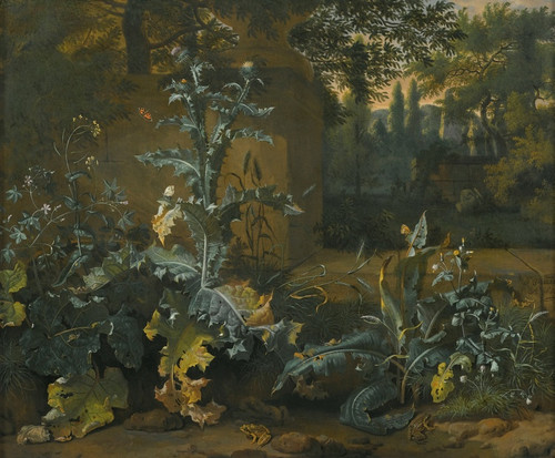 Digital Print - Thistles, DockAnd Other Forest-Floor Plants In A Parkland Setting With Frogs, Butterflies And Snails by Dirk Maas