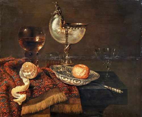Digital Print - A clementine in a porcelain bowl, a nautilus cup, a roemer, two glasses, a knife, a peeled lemon on an ornamental carpet on a table by Willem Claesz Heda