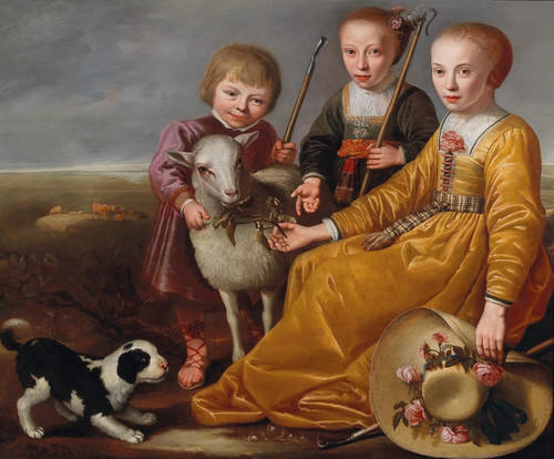 Digital Print - Three Children With A Goat And A Dog In A Landscape by Jacob Gerritsz Cuyp