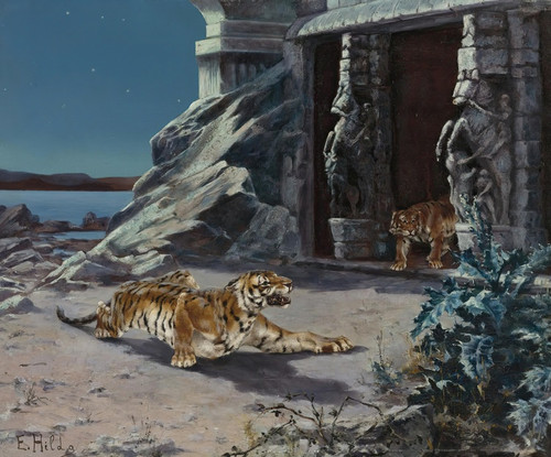 Digital Print - Tigers At A Temple Entrance by E. Baily Hilda Digital Print - Tigers At A Temple Entrance by E. Baily Hilda