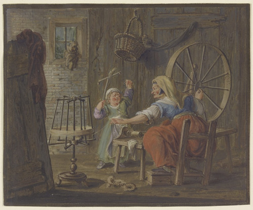 Digital Print - Eine alte Frau haspelt Garn, dabei ein Kind mit einem Vogel by Pieter Bartholomeusz. Barbiers