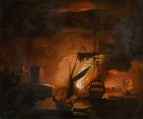 Digital Print - A ship on fire at night by Peter Monamy