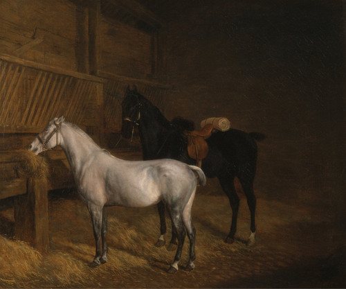 Digital Print - A Grey Pony and a Black Charger in a Stable by Jacques-Laurent Agasse