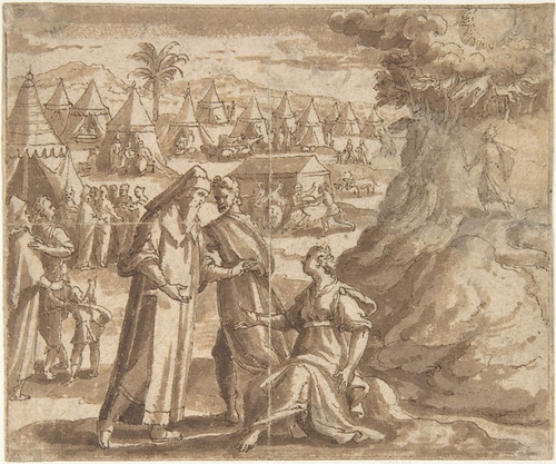 Digital Print - Aaron and Nadab Taking Leave of Elisheba, with the Israelites Camped before Mount Sinai and Moses Ascending the Mountain. by Adam van Noort