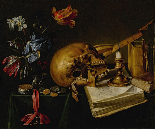 Digital Print - A still lifewith a skull, a music book, a snuffed-out candle, a bouquet of dying flowers and othervanitas objects on a table by Simon Renard de Saint-Andr