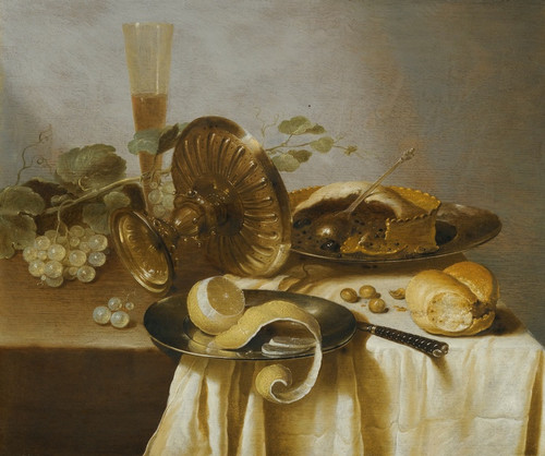 Digital Print - Still Life With A Pie, A Half-Peeled Lemon, Bread, Hazelnuts, Grapes, A Glass And An Overturned Tazza OnA Table by Adriaen Jansz. Kraen