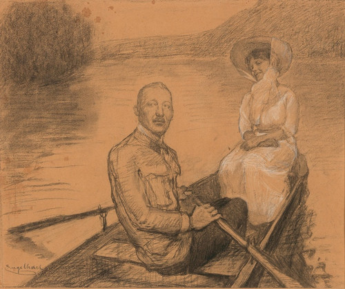 Digital Print - A couple in a row boat by Josef Engelhart