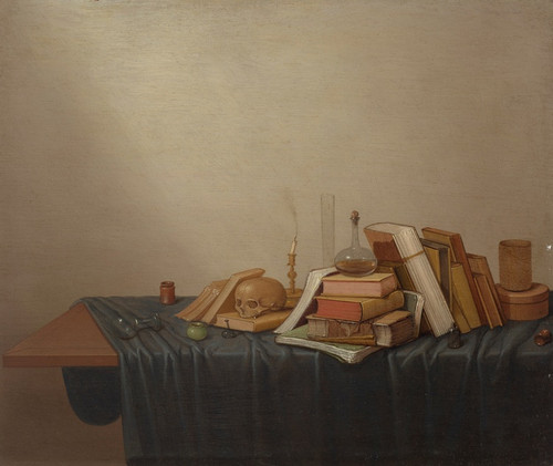 Digital Print - A Vanitas with books, a skull, a candle and various objects on a table by Gerrit van Vucht