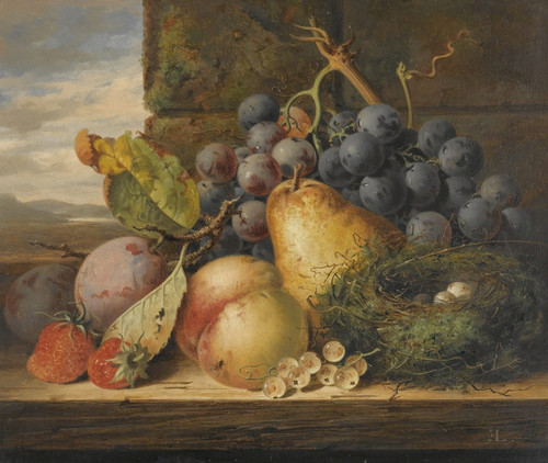 Digital Print - Still Life With A Bird's Nest,A Pear, A Peach, Grapes, Strawberries And Plums by Edward Ladell