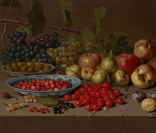 Digital Print - Plates of cherries and wild strawberries, with grapes, apples, pears, plums and other fruits on a stone ledge by Floris van Schooten