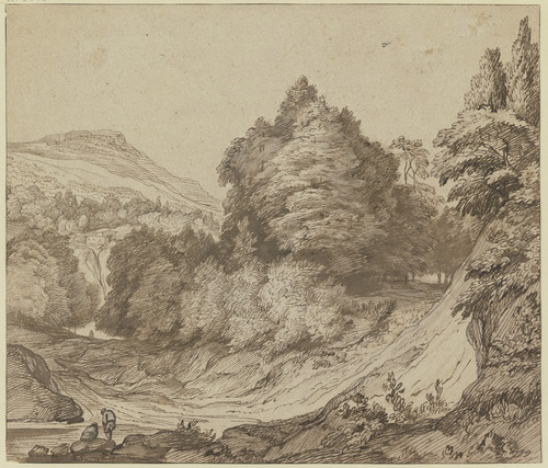 Digital Print - Gebirgslandschaft mit Wald, links am Weg ein sitzender und ein stehender Mann by Jacob Esselens