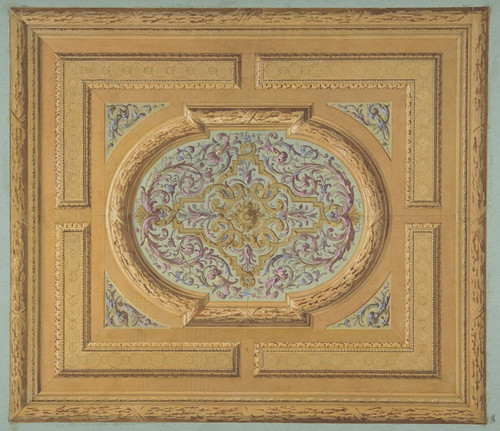 Digital Print - Design for a ceiling decorated with bands of oak leaves and a central panel of scrolls and rinceaux by Jules-Edmond-Charles Lachaise