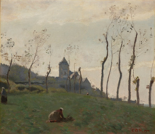 Digital Print - Le Trport - Un pr et l'glise by Jean-Baptiste-Camille Corot
