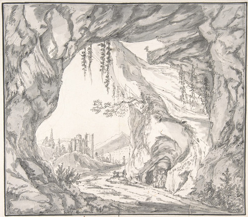 Digital Print - Mountainous Landscape with Ruins of a Castle and Three Men in a Cave, Seen through a Stone Gate by Johann Caspar Huber