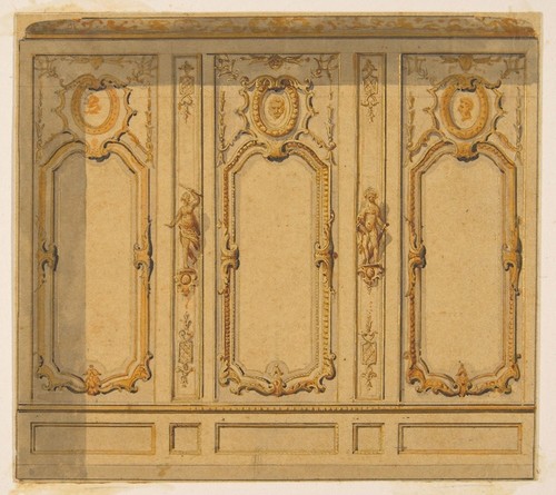 Digital Print - Elevation of an interior showing a wall decorated in ornate panels and mounted statuettes by Jules-Edmond-Charles Lachaise