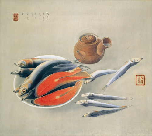 Digital Print - Still Life - Salmon Slices and Sardines by Tsuchida Bakusen