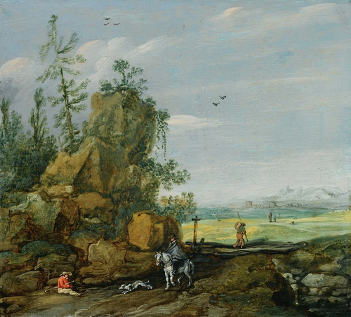 Digital Print - A Rocky Landscape With Travellers And A Horseman On A Path, A View Of A Town In The Distance by Esaias van de Velde