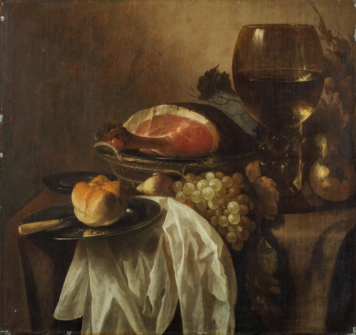 Digital Print - A pewter platter with a knife and bread roll, a wicker basket with a joint of ham, grapes and a pear, a roemer of wine on a partly-draped table by Cornelis Kruys