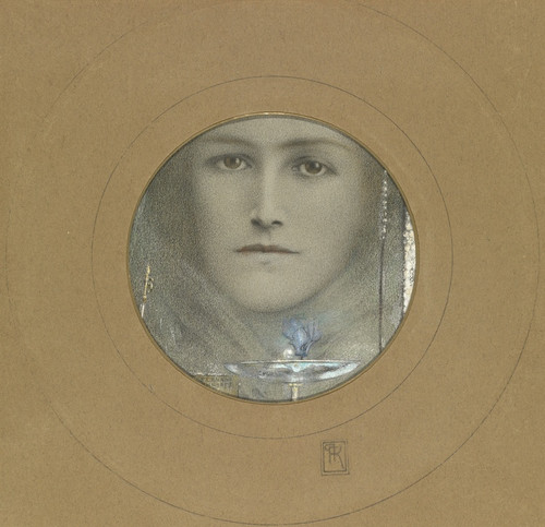 Digital Print - Bruine ogen en een blauwe bloem by Fernand Khnopff