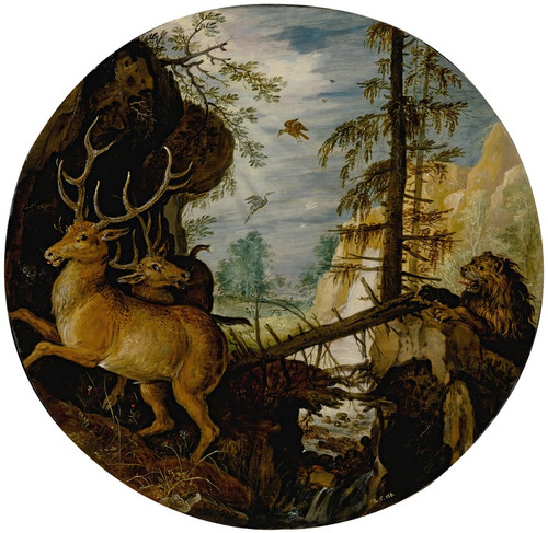 Digital Print - A lion hunting two deer by Roelant Savery
