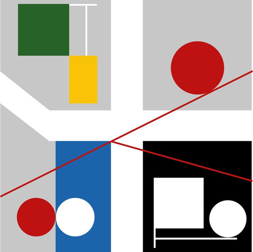 Digital Print - Four spaces with red rolling circles by Myriam Thyes