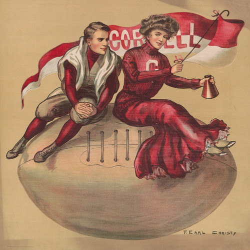 Digital Print - Football player and cheerleader sitting on giant football with Cornell flag by F. Earl Christy