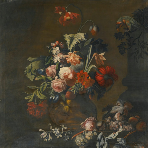 Digital Print - Still Life Of Roses, Variegated Tulips, Peonies And Other Flowers In A Sculpted Vase, Together With Grapes And A Macaw by Simon Verelst