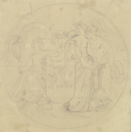 Digital Print - Drei allegorische Frauengestalten umgeben einen Wappenschild mit den Initialen des Knstlerkollegen Philipp Veit by Moritz von Schwind