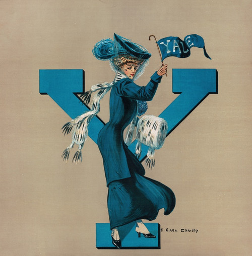Digital Print - Woman holding Yale flag standing in front of giant Y by F. Earl Christy