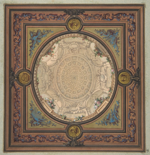Digital Print - Design for the decoration of a ceiling with a trompe l'oeil painting of a coffered dome by Jules-Edmond-Charles Lachaise