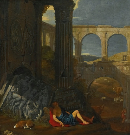 Digital Print - An Architectural Capriccio With Ancient Ruins, A Triumphal Arch And A Haut-Relief Sculpture, With The Story Of Mercury And Argus by Jean Lemaire