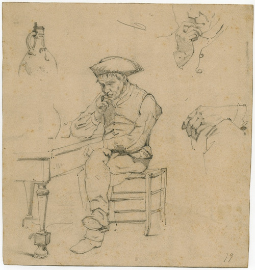 Digital Print - Man with a pipe sitting at a table, study of a hand, smoking man and a jar by Floris Verster